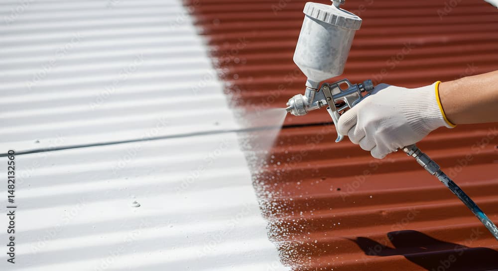 Profesjonalne malowanie dachu - specjalista maluje blachę trapezową czerwonym lakierem przy użyciu profesjonalnego pistoletu natryskowego